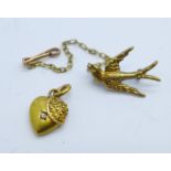 A 9ct gold heart pendant, a/f dented, and a small yellow metal swallow brooch, lacking eye, 1.7g