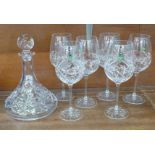 A Cashs Irish crystal ships decanter and six large wine glasses