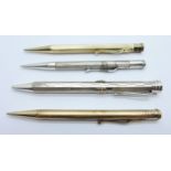 Four pencils; two rolled gold Yard-O-Led, one silver plate and one four colour