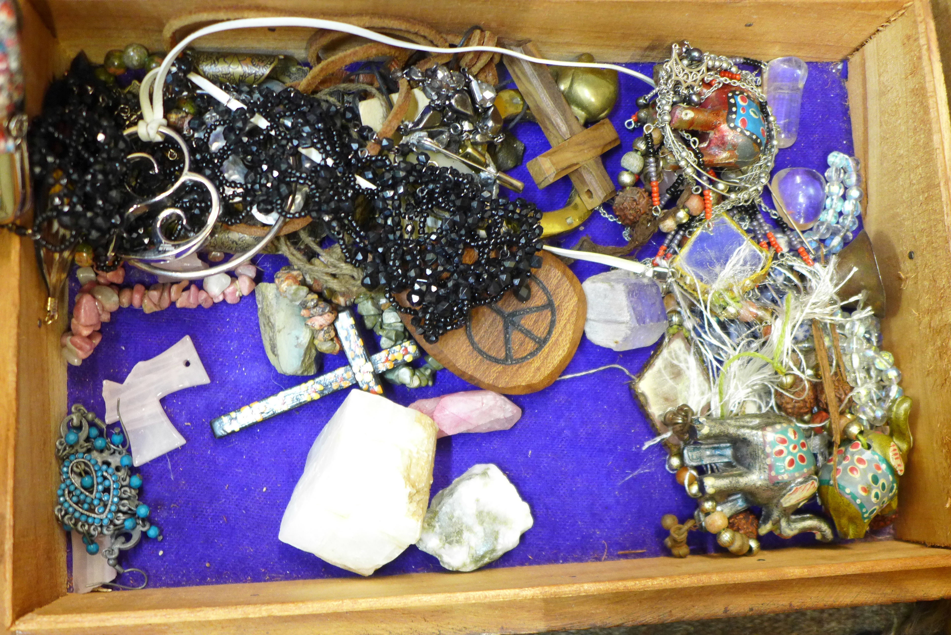 A box of assorted items, glass paperweights, a wooden box and letter rack, jewellery, etc. - Image 4 of 5