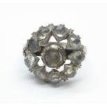 A rose cut stone cluster ring, set in white metal, L, ring top 17mm diameter, a/f