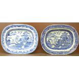 Two blue and white willow pattern meat plates, both a/f