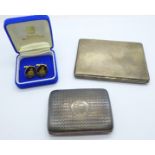 Two silver cigarette cases, 243g and a pair of HM Yacht Britannia cufflinks, boxed