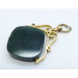 A 9ct gold, bloodstone set swivel fob, Chester 1923, (small chips to the stone)