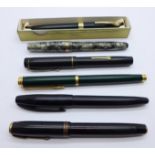 Six fountain pens including Watermans with 18ct gold nib, Sheaffer, Parker and Burnham no.50 with 14