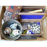 A box of assorted items, glass paperweights, a wooden box and letter rack, jewellery, etc.