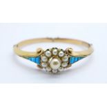 A Victorian yellow metal, pearl and turquoise bangle (tests as 9ct gold), 19.4g, with double hinge