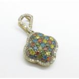 A 9ct gold, diamond and gem set pendant, 2.8g, width 13mm