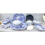 Blue and white china, two willow pattern meat plates, jugs, two Chinese export plates, and two