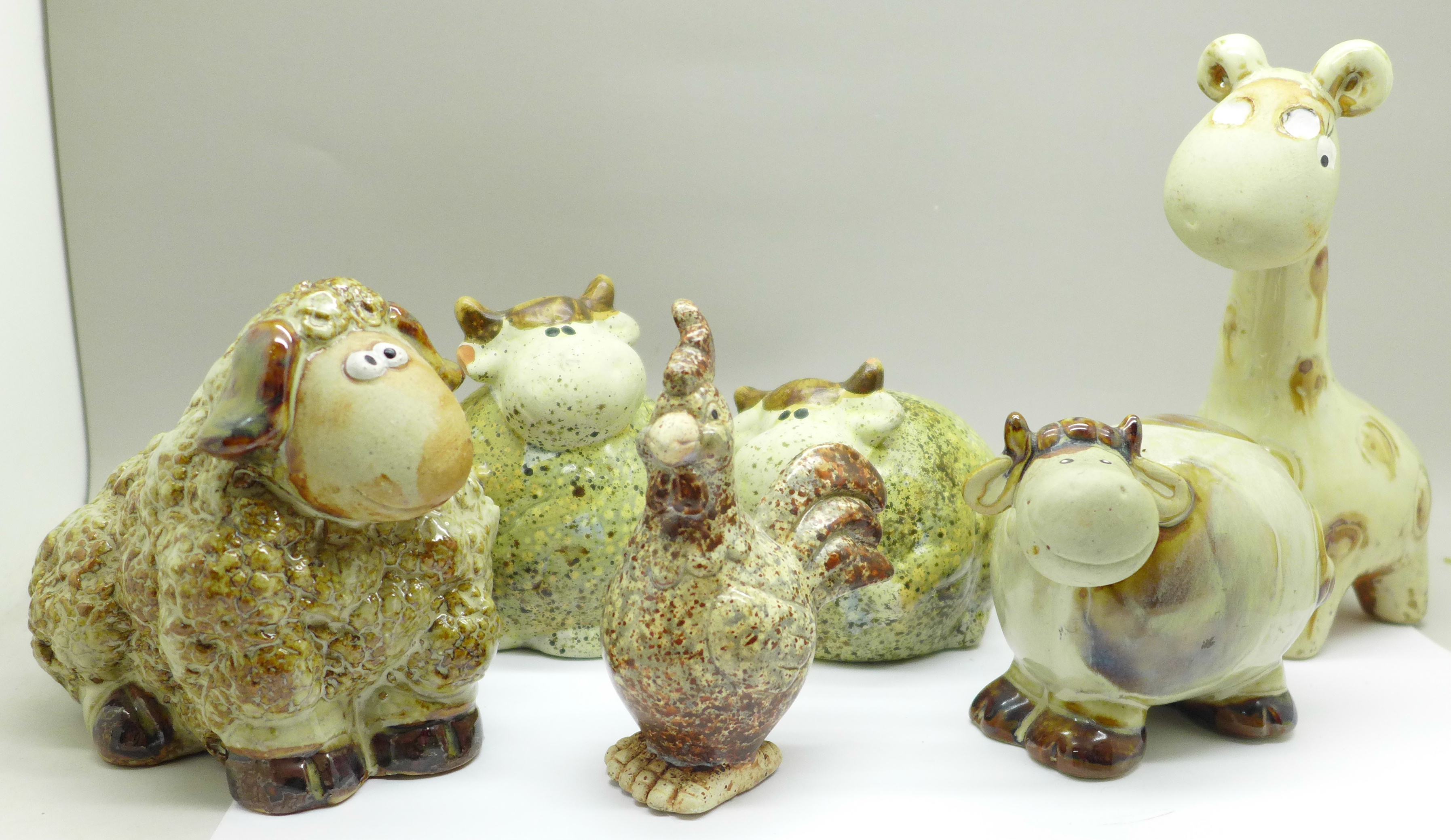 Six studio pottery animals