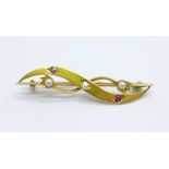 A yellow metal, diamond, ruby and pearl brooch, (tests as 15ct gold), 3.3g