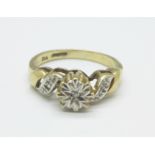 A 9ct gold and diamond ring, 2.1g, J