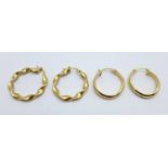 Two pairs of 9ct gold earrings, 3.3g