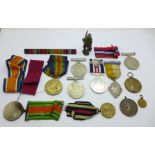 A collection of medals, etc., including two WWI Victory Medals, 9594 Pte. S. Brown N.Staff.R. and