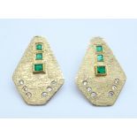 A pair of large 9ct gold, emerald and diamond earrings, 9.8g, 21mm x 29mm