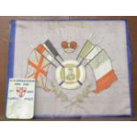 A WWI silk and needlework panel, Malta Souvenir and a carved stone ashtray with inscription 'To My