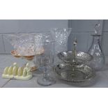 Glassware including a celery jar, a Minton cake stand, a/f, a plated two tier stand and a Lurpak