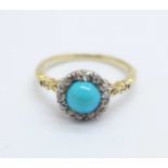 A yellow metal, turquoise and diamond cluster ring, 2.7g, N, (tests as 18ct gold)