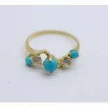 A yellow metal, turquoise and white stone ring, 1.8g, N, (tests as 9ct gold)