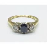 An 18ct gold, platinum set, sapphire and diamond ring, 2.8g, J