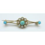 A yellow metal, turquoise and pearl brooch, (tests as 14ct gold), 3g