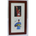 One frame, two signed photographs of Michael Schumacher in the Ferrari and Benetton teams