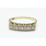 An 18ct gold, five stone diamond ring, 2.7g, N