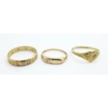 Three 9ct gold rings, two set with diamonds, 3.9g