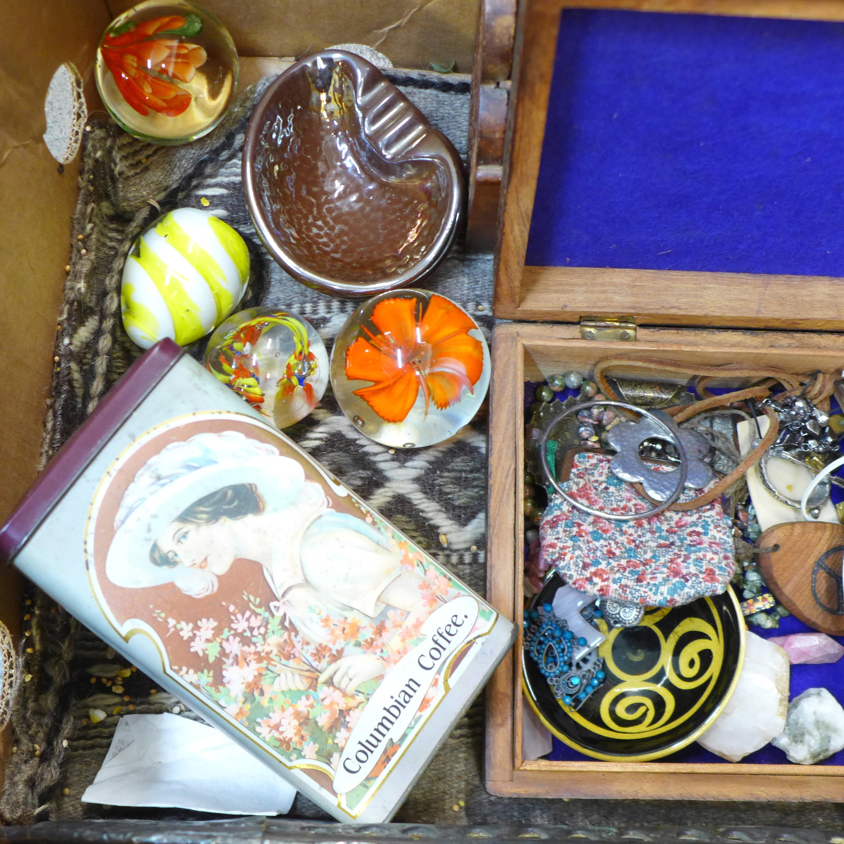 A box of assorted items, glass paperweights, a wooden box and letter rack, jewellery, etc. - Image 2 of 5