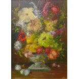 V.S., still life of flowers in a vase, oil on board, 34 x 24cms, framed