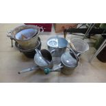 Two galvanised watering buckets, bucket, etc. (9)