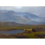 Harold Hadfield Cubley (1858-1934), Highland scene with cattle, oil on board, dated 1898, 23x 32cms,