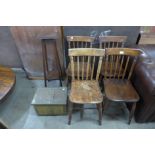 A set of four Victorian beech kitchen chairs, an oak jardiniere stand and a brass coal box