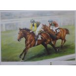 A signed Michelle Perry limited edition horse racing print, The Triple, signed by Lester Piggott and