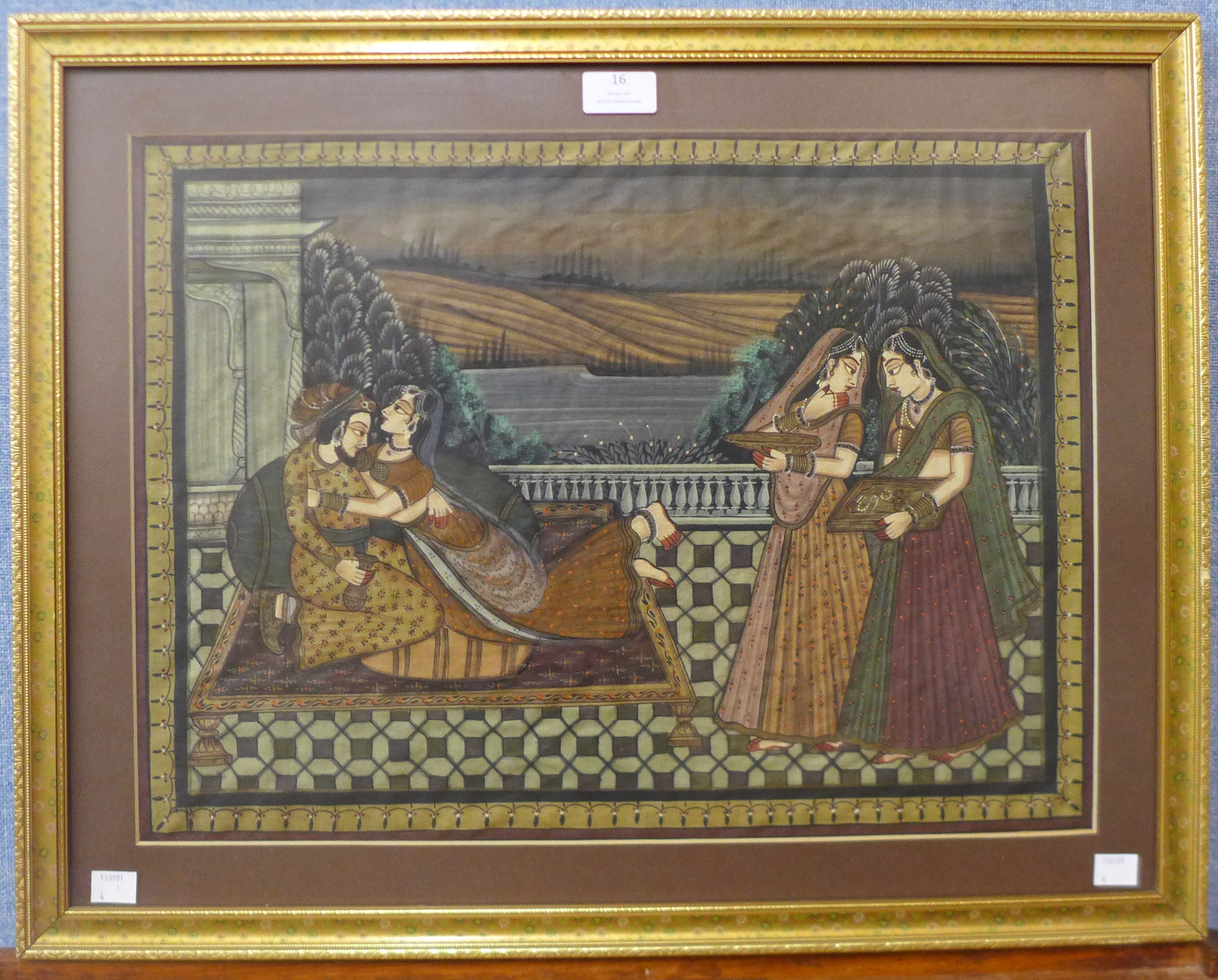 Mughal school, interior scene with lovers and servants, watercolour and gouache on silk, 36 x 49cms, - Image 2 of 2