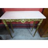 An Italian style gilt gesso and marble top console table