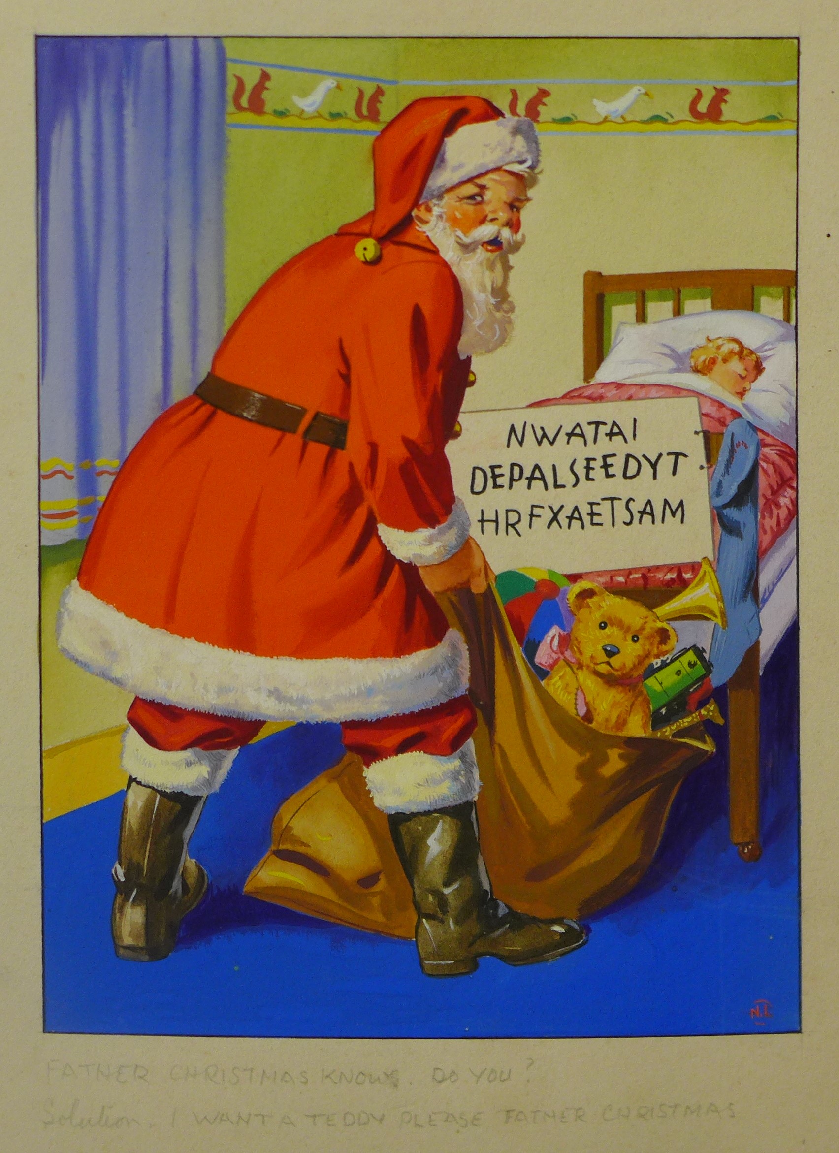 P.M., I Want A Teddy Please Father Christmas, watercolour and gouache, 21.5 x 16.5cms, unframed - Image 2 of 3