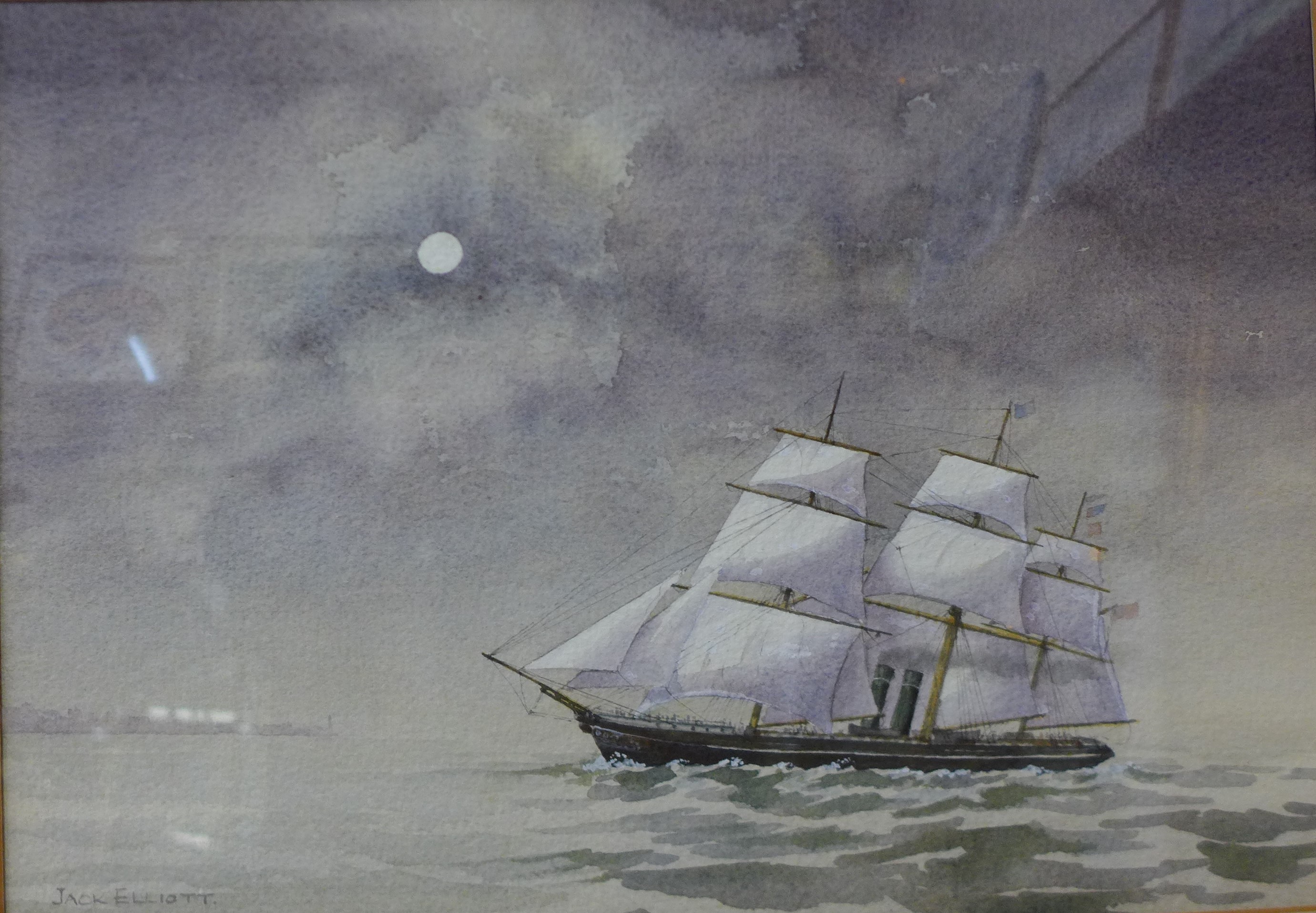 Jack Elliott, study of a ship at night, watercolour, 25 x 36cms, framed