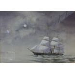 Jack Elliott, study of a ship at night, watercolour, 25 x 36cms, framed