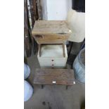 A small painted pine chest and two pine stools