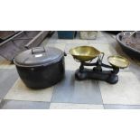 A Judge Brand enamelled cooking pot and a set of vintage scales