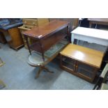 Two mahogany coffee tables, a teak TV unit and a pine towel rail