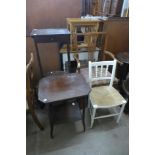 A George III provincial elm elbow chair, two occasional tables, a coffee table and a painted chair