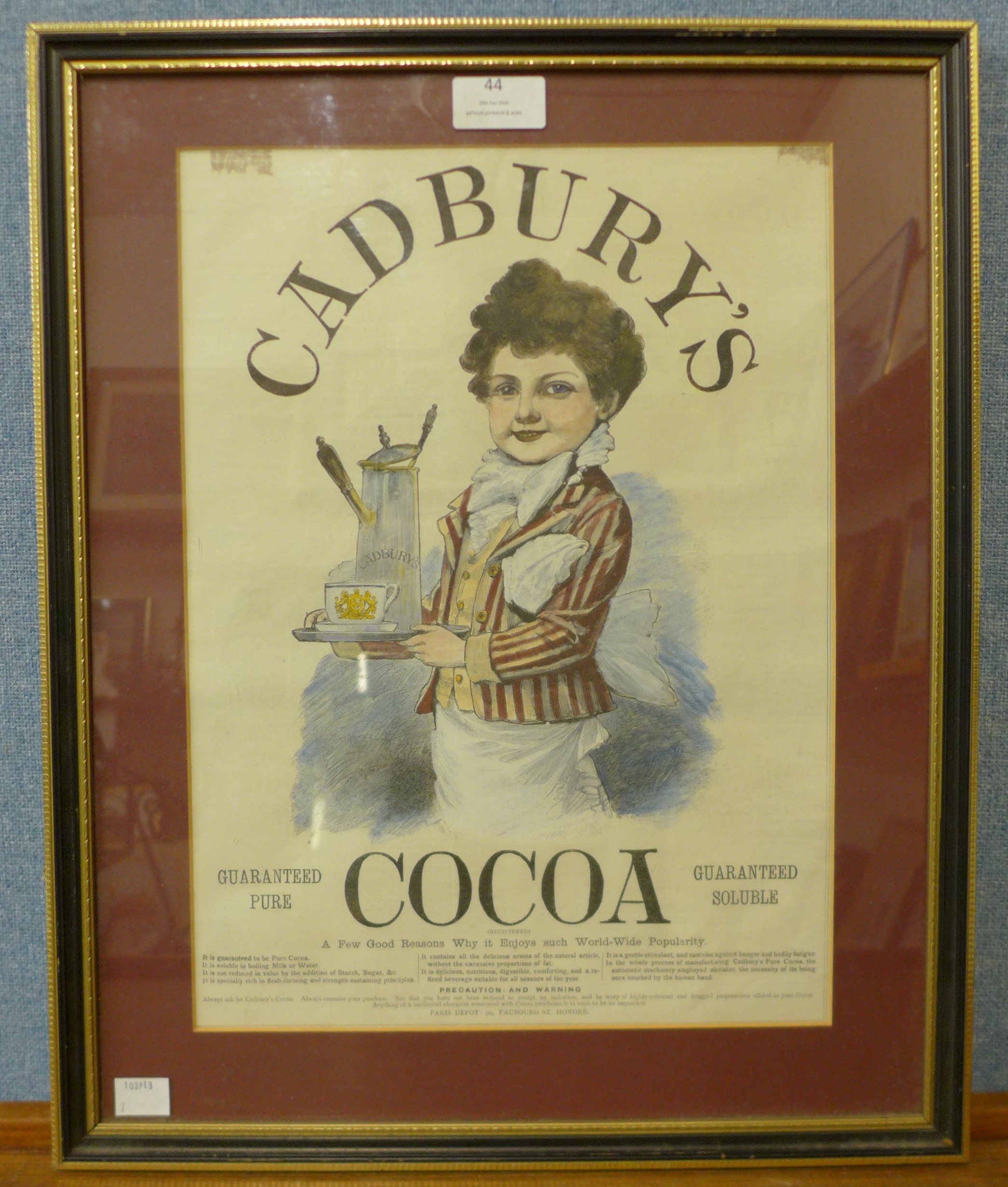 A Cadbury's Cocoa coloured advertising print, framed