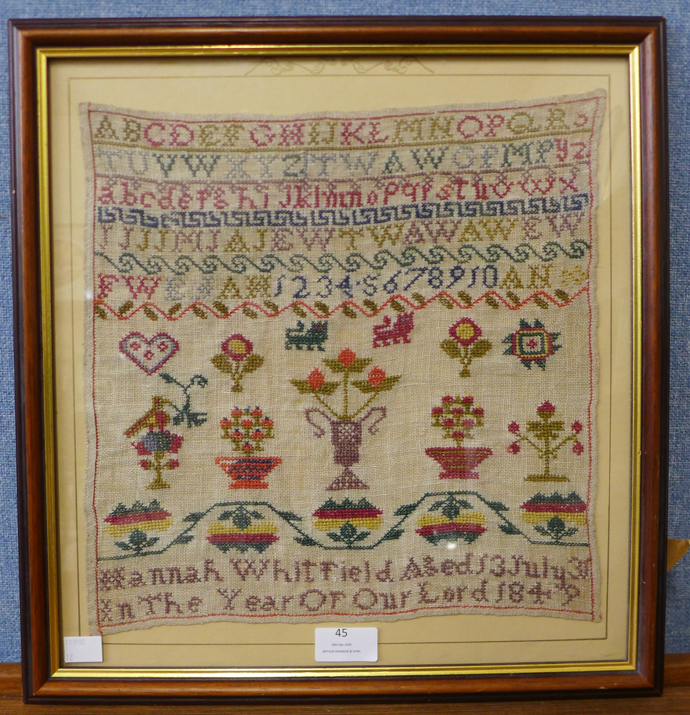 A Victorian sampler by Hannah Whitfield, Aged 13, 1849, framed