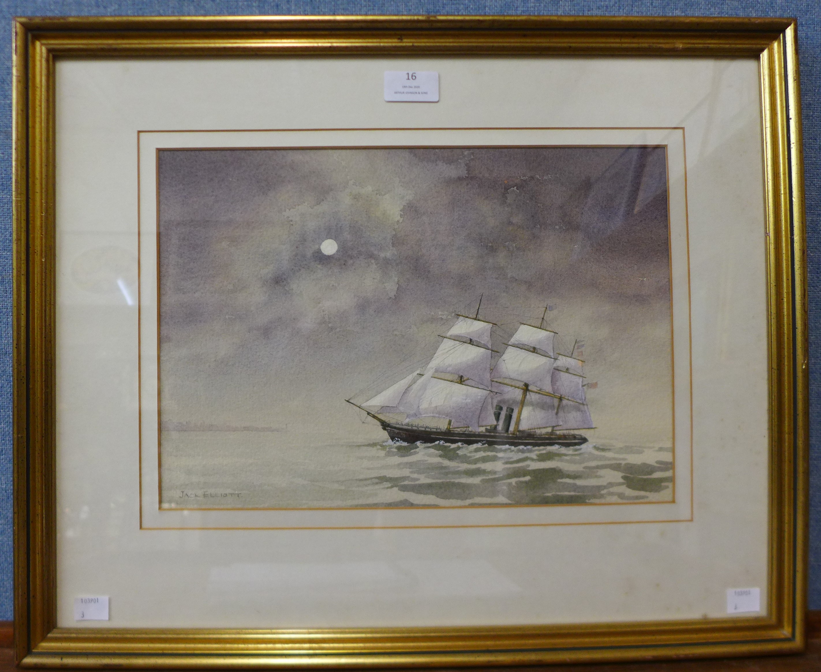 Jack Elliott, study of a ship at night, watercolour, 25 x 36cms, framed - Image 2 of 2