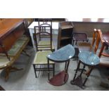 A pair of Arts and Crafts mahogany bedroom chairs, a small oak open bookcase, etc. (7)