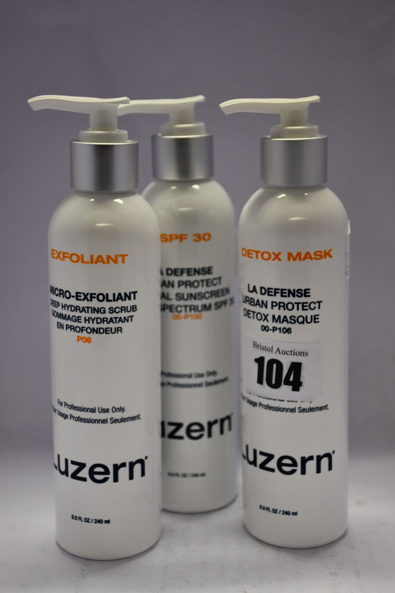 Three Luzern products to include SPF30, Detox Masks and Exfoliant Scrub.