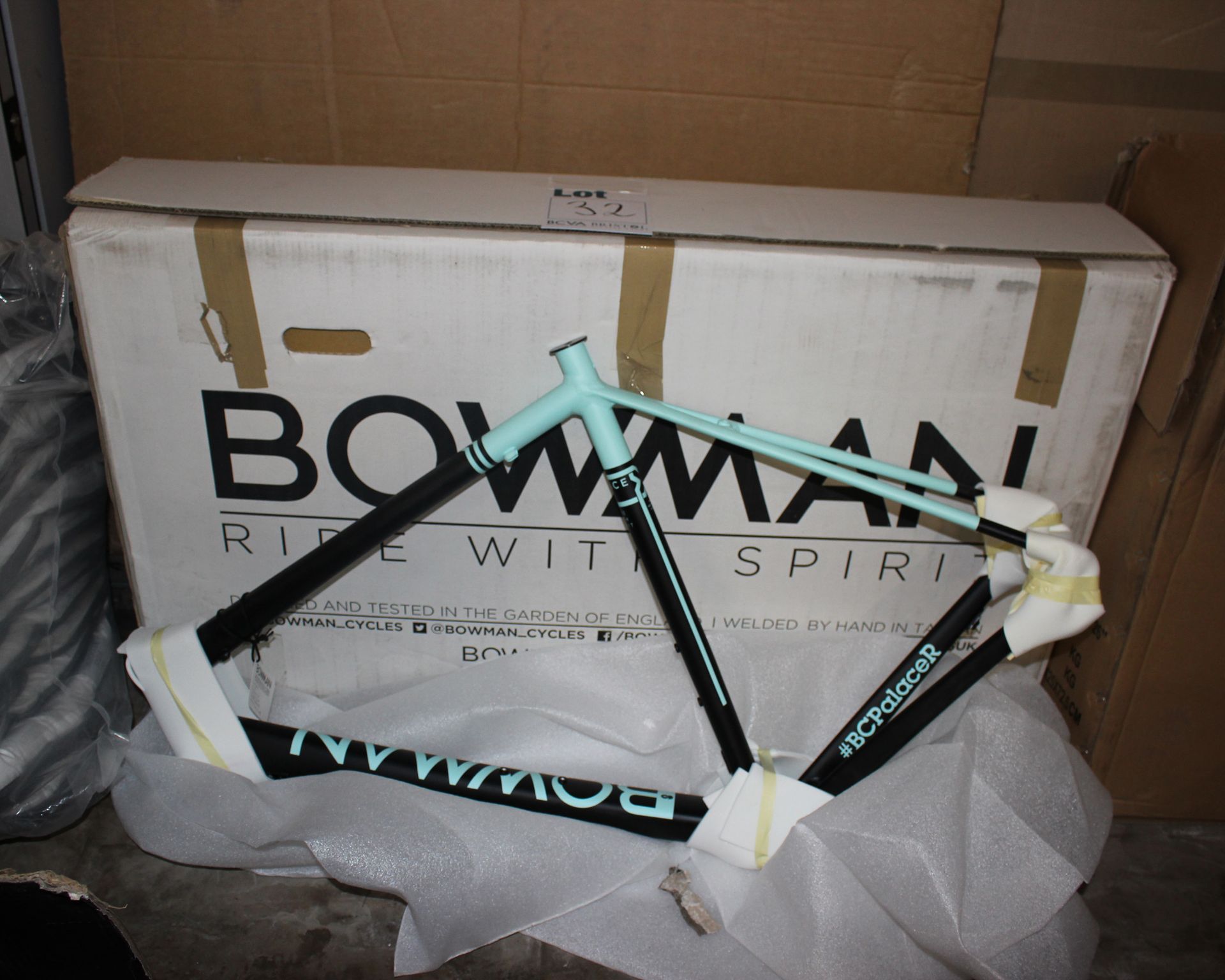 A Bowman lightweight bicycle frame: Palace R size 58cm, seat tube length 56cm, colour black and