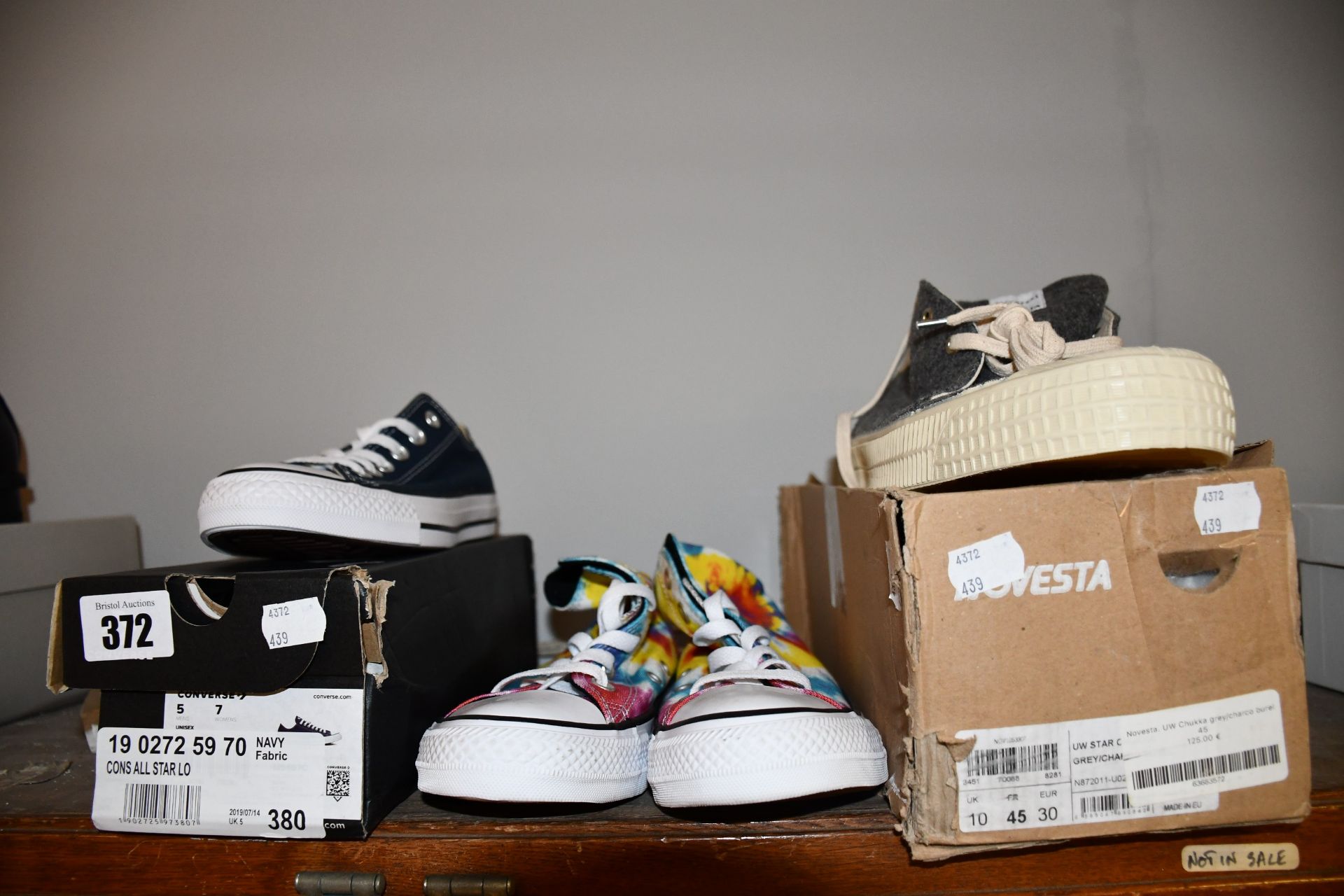 Two pairs of as new Converse canvas trainers (Both UK 5, one pair unboxed) and a pair of Universal